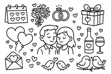 Wedding and anniversary doodle icon set. Hand-drawn vector celebration elements. Couple in love, engagement rings, heart balloons, romantic gift, flowers, wine for Valentine's day.