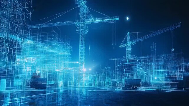 Construction site hologram with cranes and buildings emerging from futuristic blueprint