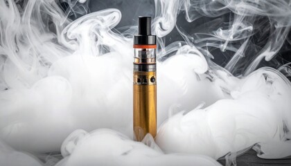 Vape Device Surrounded by Thick Clouds of Smoke in Dark Environment