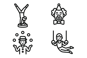 Circus performer line icon set. Acrobat, clown, juggler, gymnast vector collection. Entertainment show graphic. Cartoon character outline symbol for carnival or festival.
