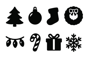 Christmas silhouette icons set with tree, ornament, stocking, wreath, lights, candy cane, gift, snowflake. Vector illustration for holiday design, winter celebration elements.