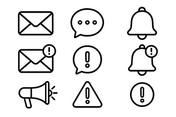 Communication and alert icon set. Essential notification tools in a simple outline style. Vector symbols for web and app ui, including mail, chat, bell, and warning signs.