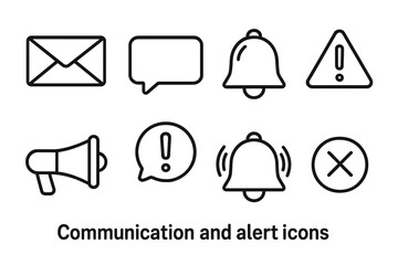 Vector alert and communication icon set. Thin line style symbols for web UI and mobile app interface. Notification, message, warning, mail, chat, bell, alarm, close button.