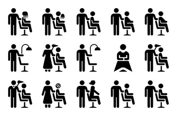 Collection of Stylized Icons Depicting Hair Salon Services and Clients