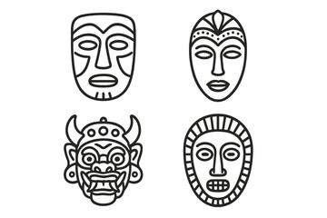 Cultural mask icon set. Traditional ethnic and tribal masks outline collection. African, Asian, Aztec, Mayan, tiki, demon, spirit. Ritual symbol vector illustration.