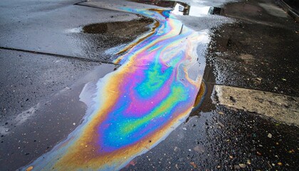 Colorful Oil Spill Reflection on Wet Sidewalk with Urban Background