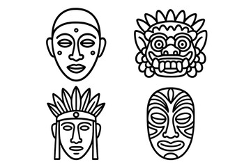 Cultural mask icon set. Traditional ethnic tribal masks outline collection. Vector illustration of African, Polynesian, Balinese, and Native American ceremonial ritual faces.