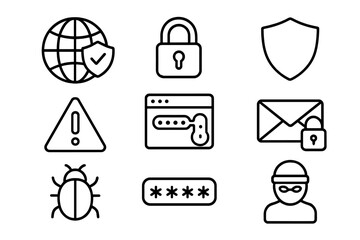 Cybersecurity line icon set. Internet security, data privacy, and network protection outline icons. Hacker, virus, password, and encryption symbols for web and mobile apps.