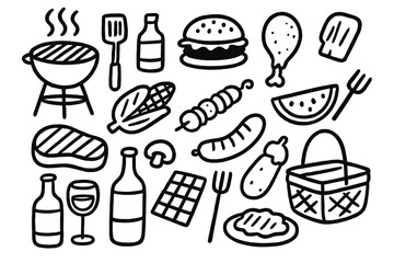 Barbecue doodle icon set. Hand drawn grill, food and picnic elements. Vector cartoon illustration of summer BBQ party essentials like steak, sausage, burger and vegetables.