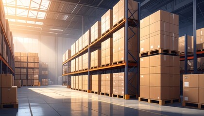 Industrial Warehouse Interior with Stacked Cardboard Boxes and Light