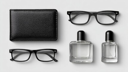 Flat lay of black leather wallet, glasses, & two clear perfume bottles on a gray background, arranged symmetrically