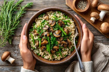 Chef holding risotto with mushrooms, peas, and asparagus