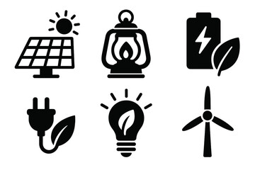 Green energy vector icon set. Eco friendly power. Sustainable electricity. Renewable source. Solar panel, sun, wind turbine, leaf battery, nature plug, eco lightbulb, lantern.