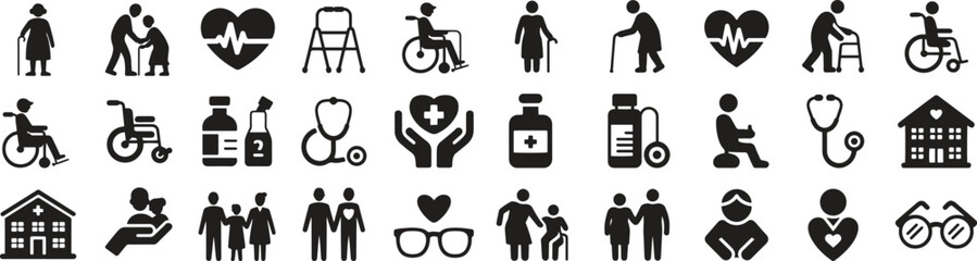 Silhouette elderly care services icons set. nursing, support, healthcare, retirement vector illustration