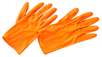 pair of bright orange rubber cleaning gloves isolated on white