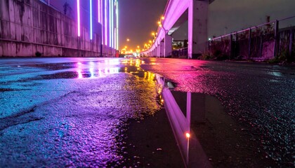 Vibrant Urban Night Scene with Neon Lights and Wet Pavement Reflection