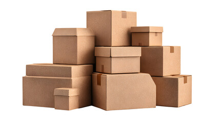 HD realistic stack of brown delivery boxes isolated on white png