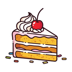 Slice of cake with cherry and whipped cream illustration.