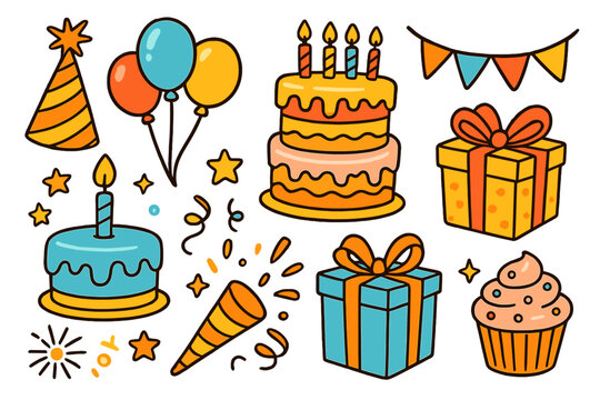 Festive birthday doodles set. Cartoon celebration icons with cakes, gifts, and balloons. Hand drawn vector illustration collection for party decoration, invitation, and design.