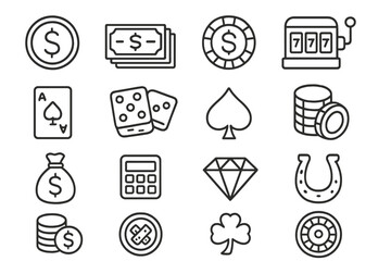 Finance and casino outline icon set. Money and gambling symbols line collection. Vector icons for luck, risk, wealth, and fortune. Slot machine, poker, dice, and roulette signs.