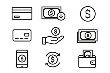 Finance and payment line icon set. Money, banking, and transaction outline icons. Credit card, cash, mobile payment, wallet, currency exchange, income, and savings symbols.