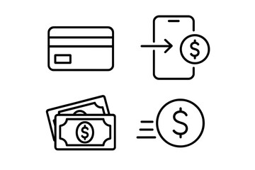 Finance and payment line icon set. Money transfer, mobile banking, credit card, and cash transaction symbols. Vector outline illustration for business and financial concepts.