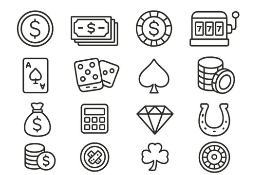 Finance and casino outline icon set. Money and gambling symbols line collection. Vector icons for luck, risk, wealth, and fortune. Slot machine, poker, dice, and roulette signs. - Powered by Adobe