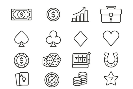 Finance and casino outline icon set. Money and gambling symbols line collection. Vector icons for business, investment, risk, and luck concepts. Poker, slot machine, dice icons.