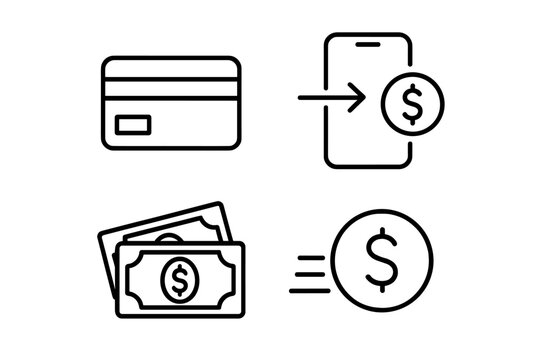 Finance and payment line icon set. Money transfer, mobile banking, credit card, and cash transaction symbols. Vector outline illustration for business and financial concepts.