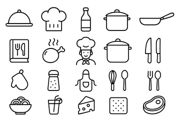 Food and cooking outline icon set. Culinary and kitchen vector collection. Line art symbols for restaurant, chef, recipe book, utensils, and meal preparation. Gastronomy.