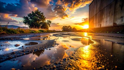 Vibrant Sunset Reflection on a Rain-Drenched Asphalt Pathway