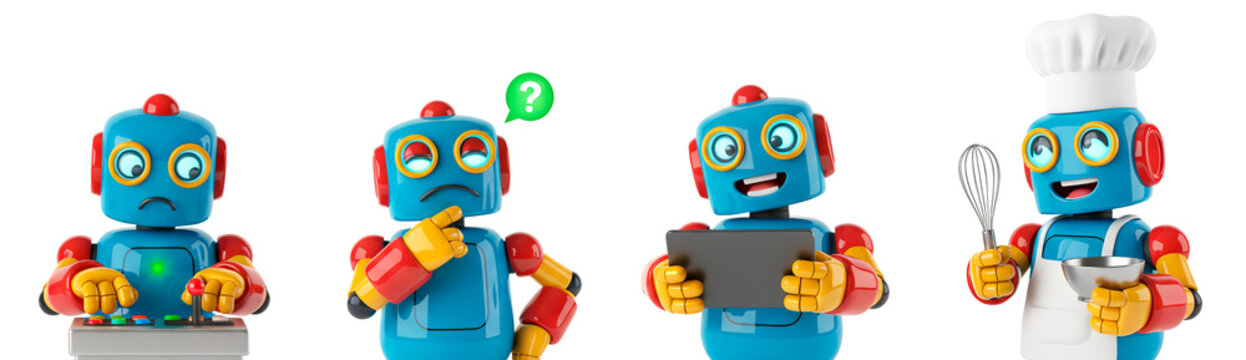Cute cartoon robots in different poses with various expressions and activities.