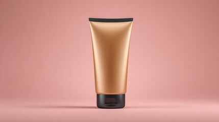 Gold tube with black cap, on pink backdrop, product shot