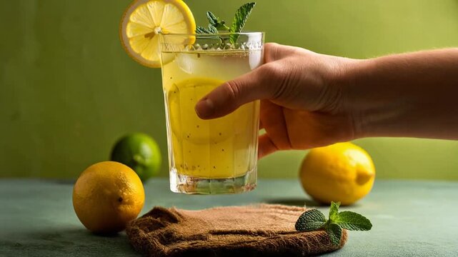 Hand Picking Up Refreshing Lemonade Glass with Mint and Citrus