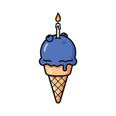 A cute cartoon illustration of a blue ice cream cone topped with a single lit birthday candle.
