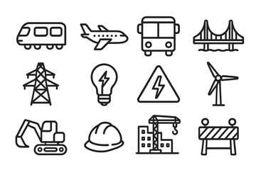 Infrastructure outline icon set. Transport, energy, and construction vector symbols. Public transportation, electricity, building industry pictograms. Urban development elements.