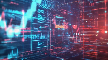 Futuristic interface showing complex data analysis and healthcare monitoring with charts and heartbeat - Powered by Adobe
