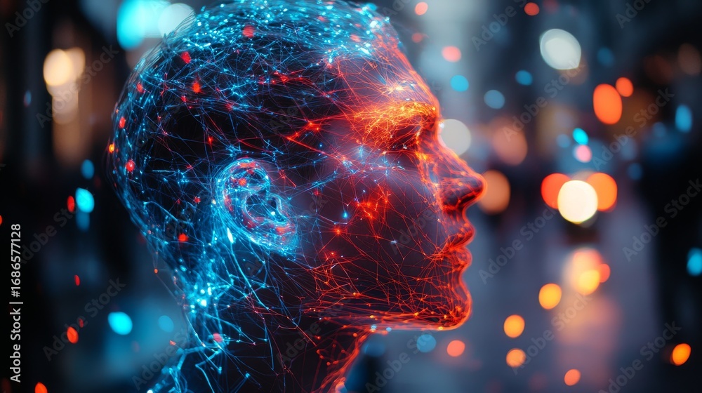 Wall mural an ethereal profile of a person adorned with glowing blue and red neural patterns. this image symbol