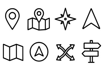 Navigation map outline icon set. GPS location pin, direction, pointer, route. Vector travel icons for digital use. Web and mobile app UI, UX design symbol. Journey, destination.