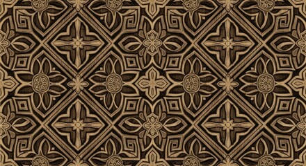 Afghani Carving Motifs Rustic Woodblock Print Seamless Pattern with Organic Texture