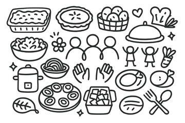 Potluck community dinner doodle icon set. Hand drawn vector illustration of food, sharing, and friendship. People gathering for a meal. Cooking, party, and celebration concept.