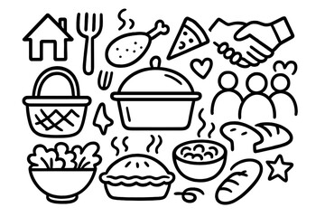 Potluck doodle icon set. Hand-drawn vector illustration of community food sharing. Charity event, party meal, and volunteer concepts. Line art symbols for a friendly gathering.
