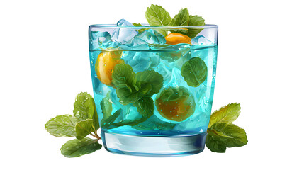 HD realistic glass of water cocktail with mint leaves and fruits isolated on white or white png