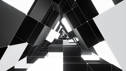 Looped 3D animation, white neon tunnel background.