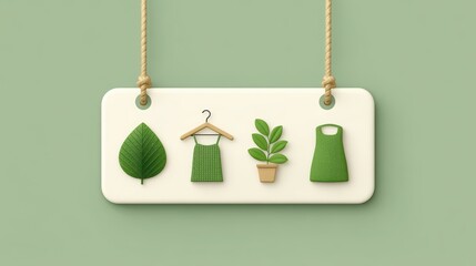 Stylized illustrations of clothing and a leaf on a green background create a minimalistic design.