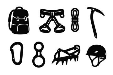 Mountain climbing gear icon set for outdoor adventure. Vector silhouette illustration of equipment like ice axe, rope, carabiner, backpack, helmet, harness and crampons.