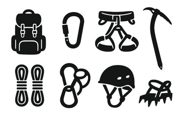 Mountain climbing gear icon set. Vector silhouette illustration for outdoor adventure. Backpack, rope, carabiner, ice axe, helmet, harness for alpinism, hiking & trekking.