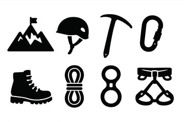 Mountain climbing gear silhouette icon set. Vector collection of mountaineering equipment for outdoor adventure & alpinism. Includes helmet, ice axe, carabiner, boot, rope, harness.