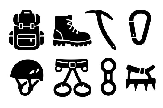 Mountain climbing gear icon set. Silhouette vector collection for hiking, trekking, and alpinism. Outdoor adventure equipment with backpack, boot, ice axe, carabiner, and helmet.