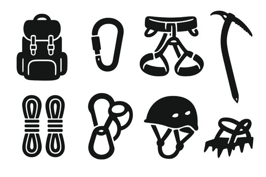 Mountain climbing gear icon set. Vector silhouette illustration for outdoor adventure. Backpack, rope, carabiner, ice axe, helmet, harness for alpinism, hiking & trekking.